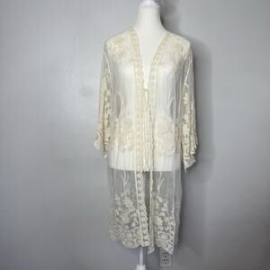 RoomMates Boho Sheer Lace Kimono Cardigan Floral Embroidered Cover Up M